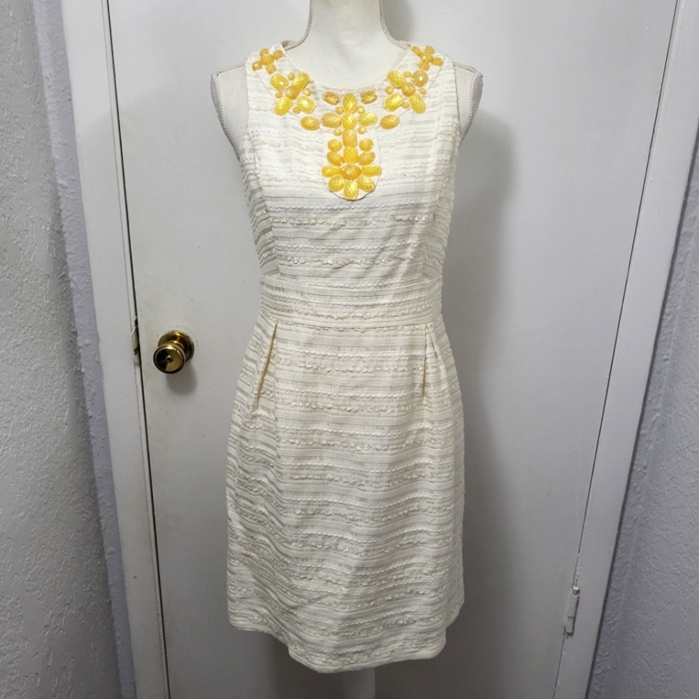 Eliza J Jeweled Beaded Neckline Dress Size 6  Ivory Yellow Textured